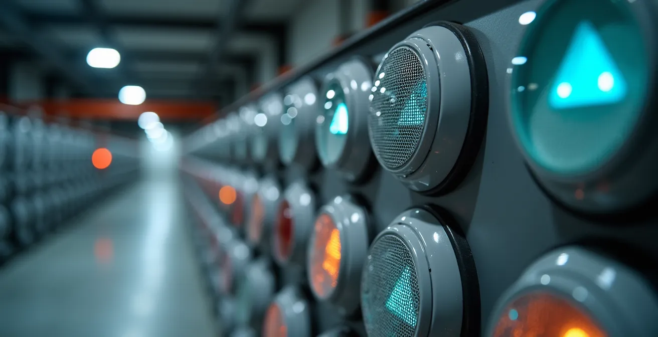 Close-up view of fire safety monitoring sensors and control panels