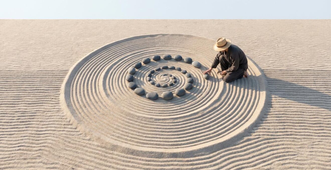 Visual representation of an automated investment system with a zen garden metaphor, showing stones placed systematically on raked sand.