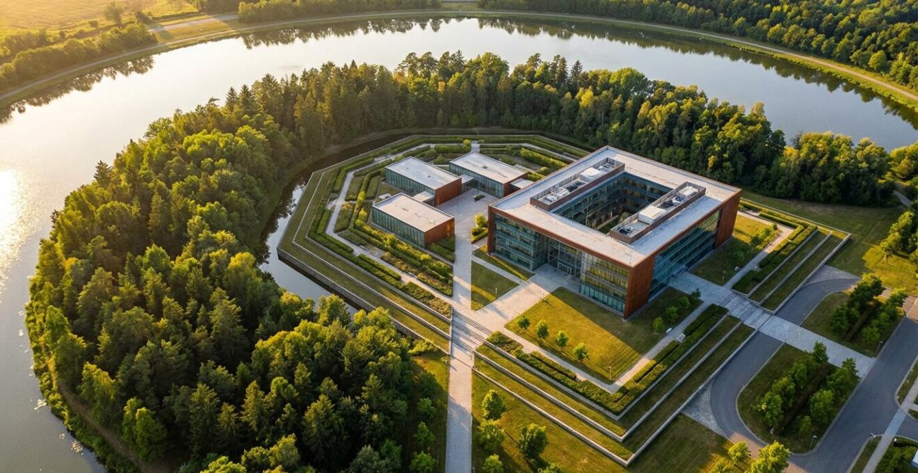 Aerial view of modern corporate campus surrounded by protective landscape features