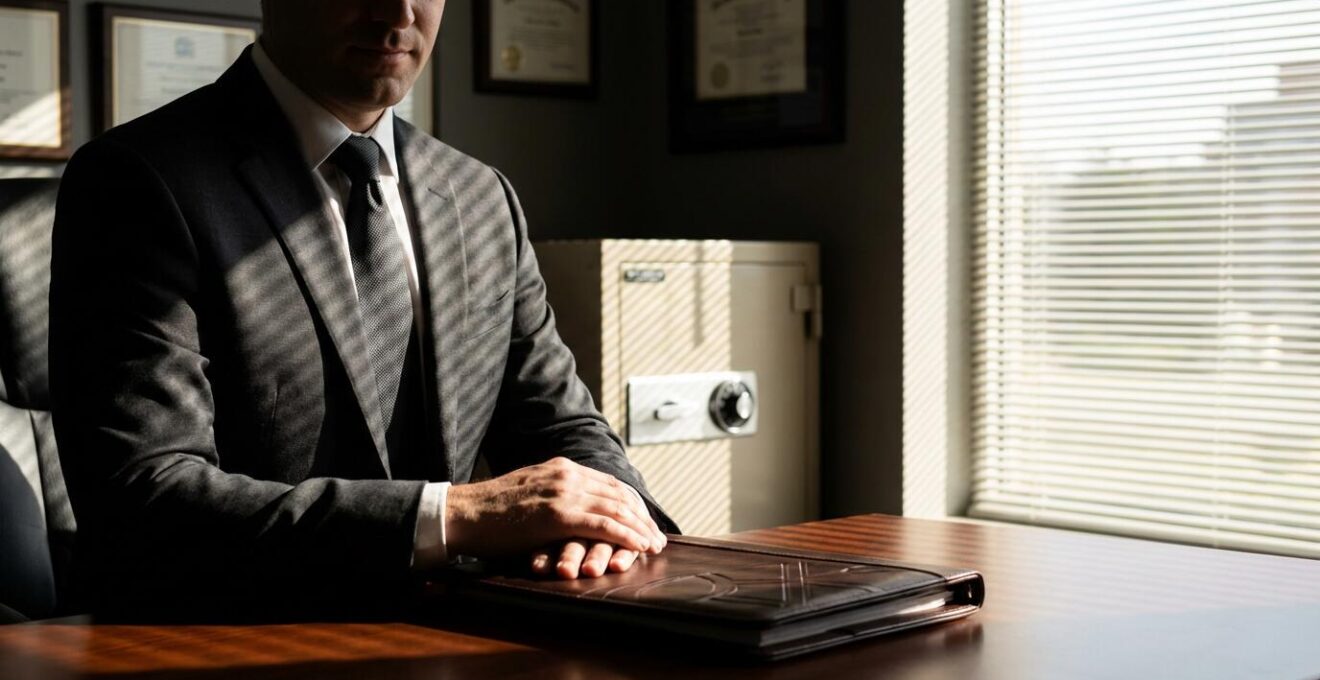 Executive reviewing confidential trust documents in private office setting with secure filing cabinet