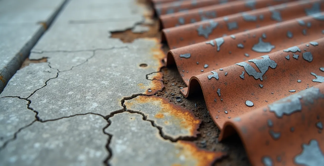 Extreme close-up of weathered commercial building materials showing wear patterns and maintenance needs