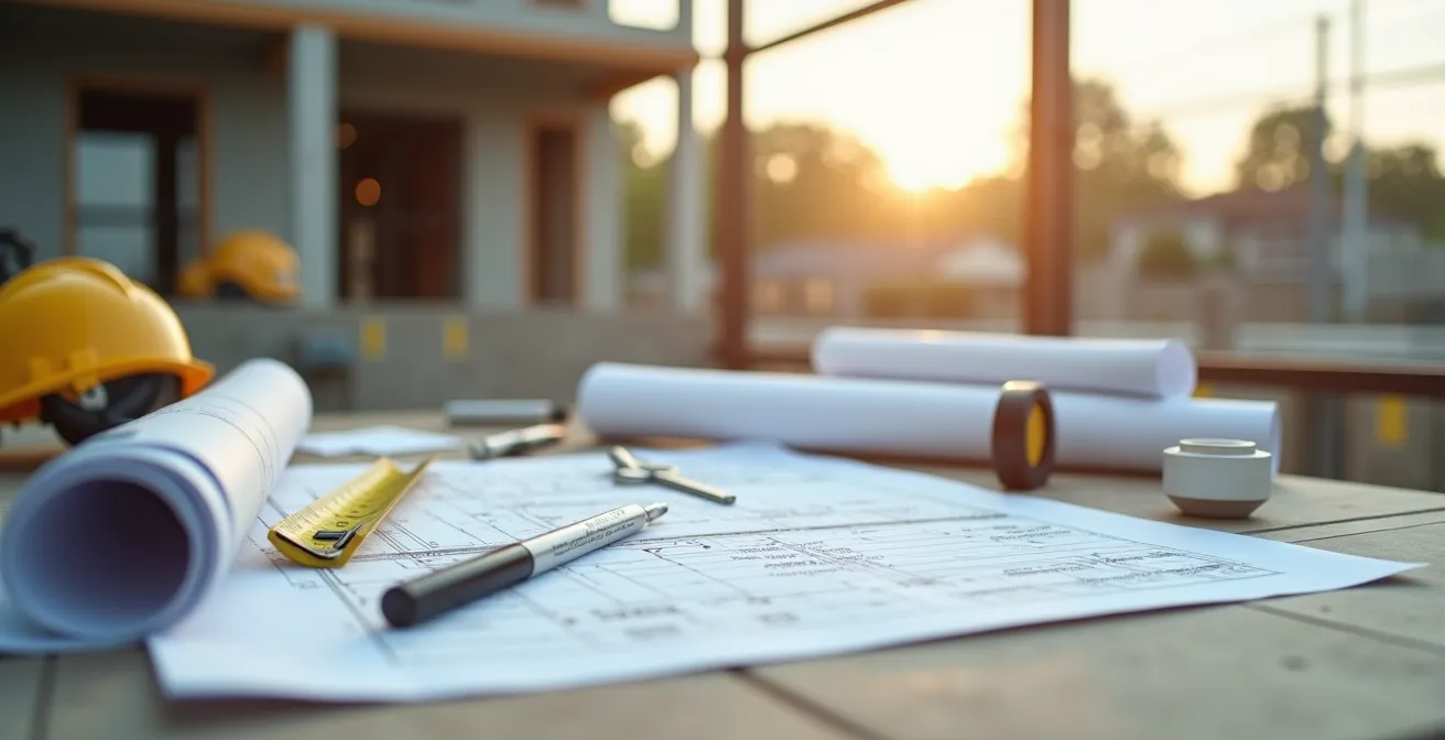 Professional contractor examining detailed project specifications and blueprints at construction site