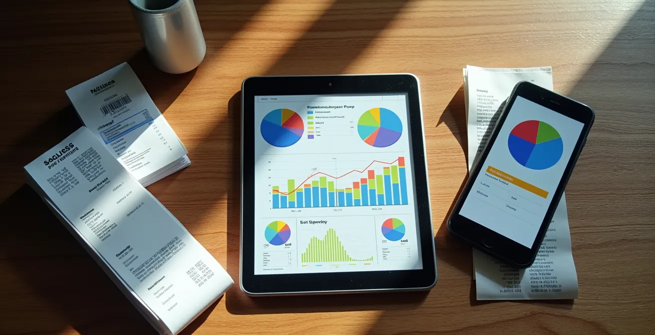 Modern workspace showing organized digital expense tracking system