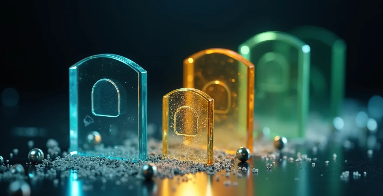 Multiple security checkpoints represented by abstract geometric shields and barriers