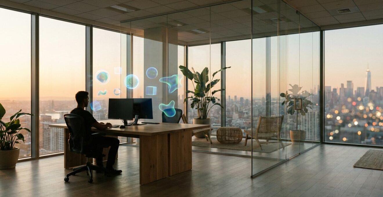 Professional investor analyzing multiple asset allocation charts in modern office with city skyline view