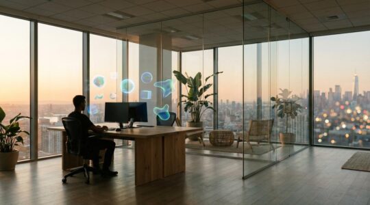 Professional investor analyzing multiple asset allocation charts in modern office with city skyline view