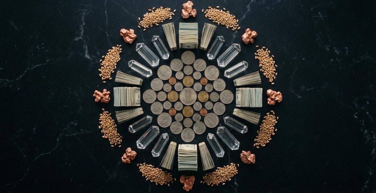 A sophisticated investment portfolio visualization showing diverse asset classes arranged in a circular pattern, representing the All-Weather allocation model