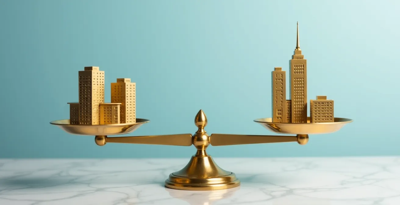 A balanced scale with corporate buildings representing Dividend Aristocrats on one side and real estate properties for REITs on the other, symbolizing the strategic choice.