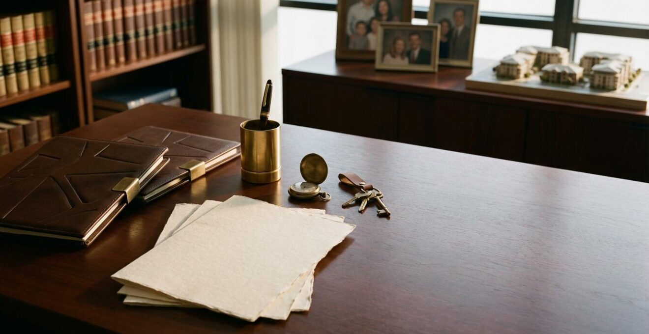 Professional estate planning documents and trust folders arranged on executive desk with financial calculator and family home keys