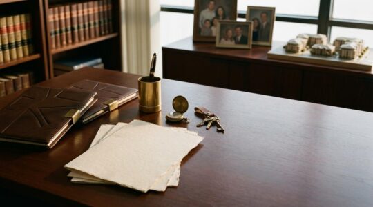 Professional estate planning documents and trust folders arranged on executive desk with financial calculator and family home keys