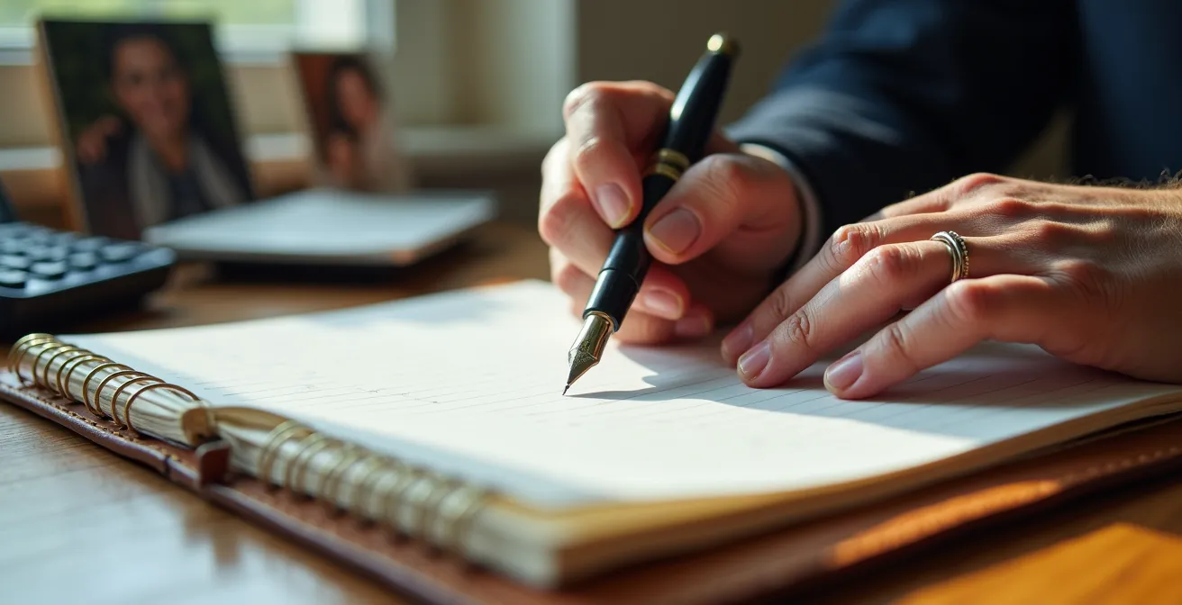 Close-up of hands writing in a leather-bound ledger with calculator and family photos nearby