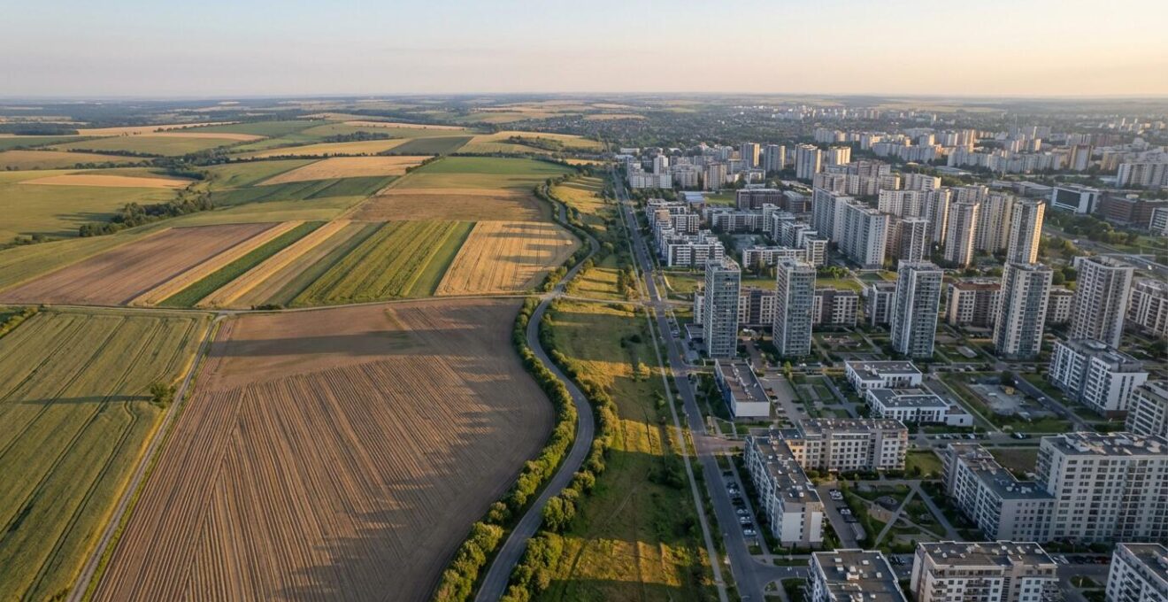 Aerial view showing productive farmland alongside urban residential towers