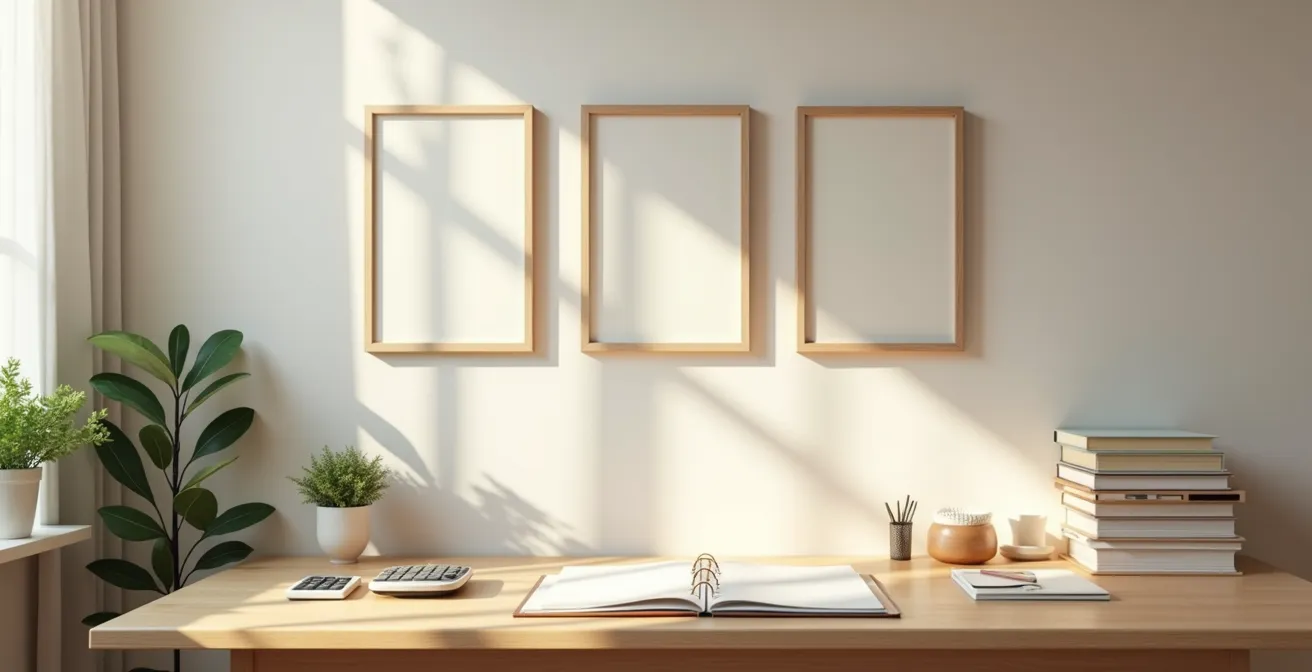 Wide shot of home office with financial planning materials spread on desk, soft natural lighting