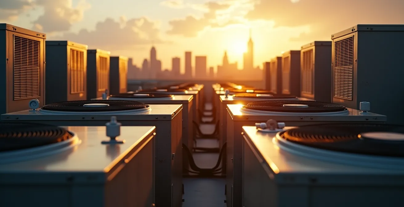 Wide angle view of industrial HVAC equipment with monitoring sensors installed