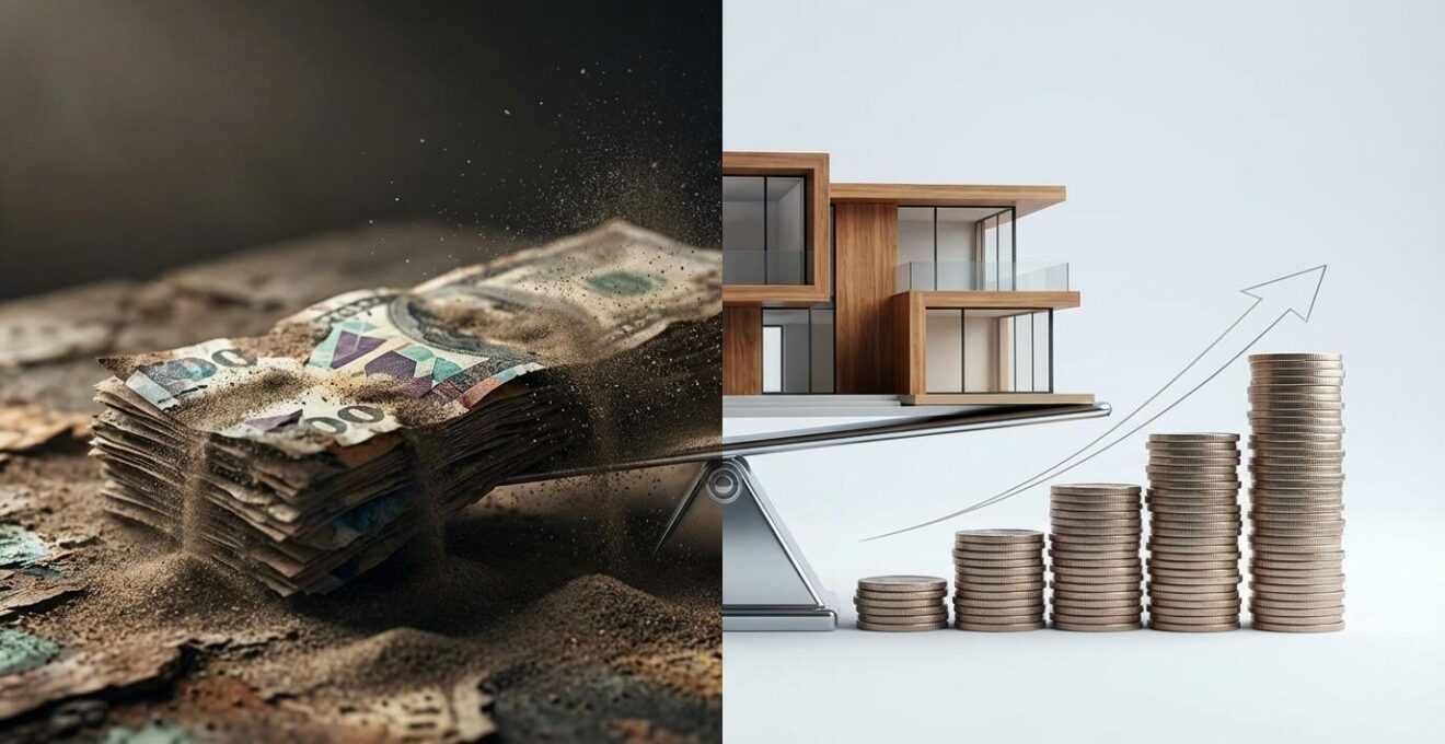 Split-scene comparison showing cash depreciation versus leveraged real estate appreciation during inflation
