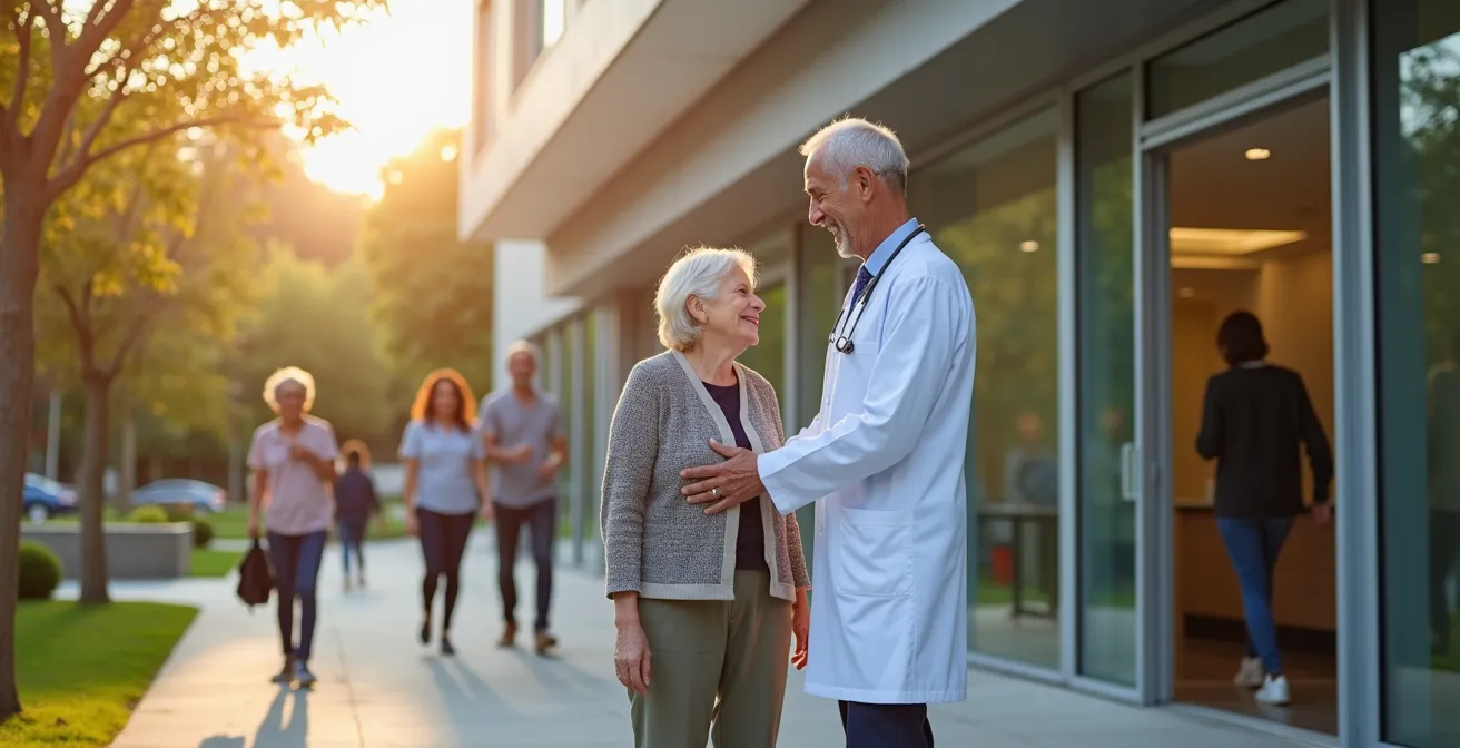 Contemporary medical office building with patients and healthcare professionals