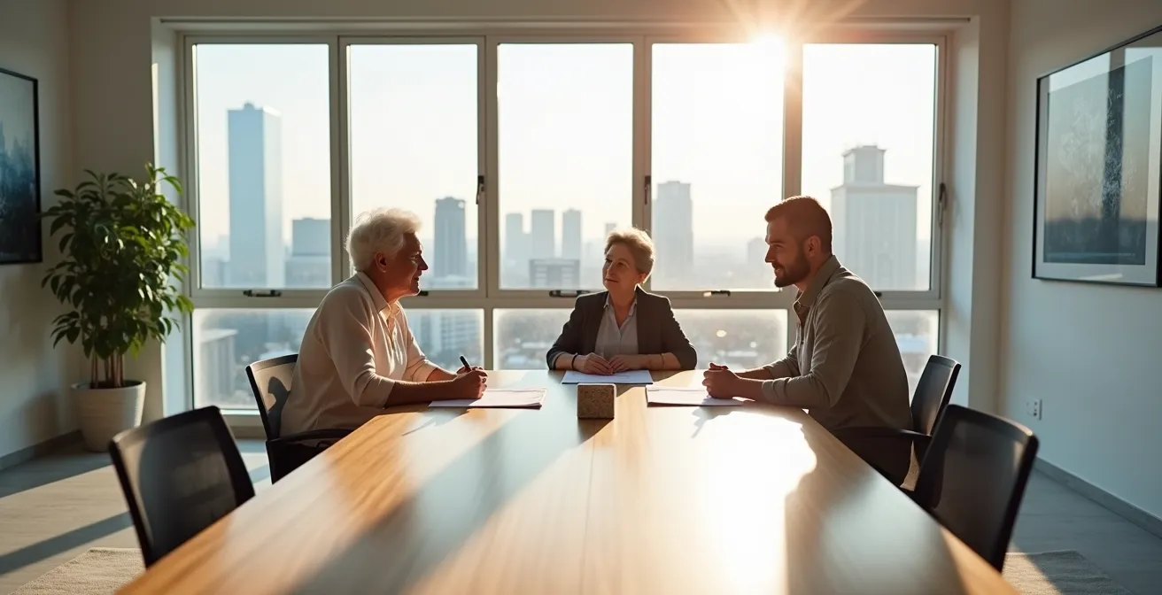 Three generations of family members in a bright office space reviewing documents together