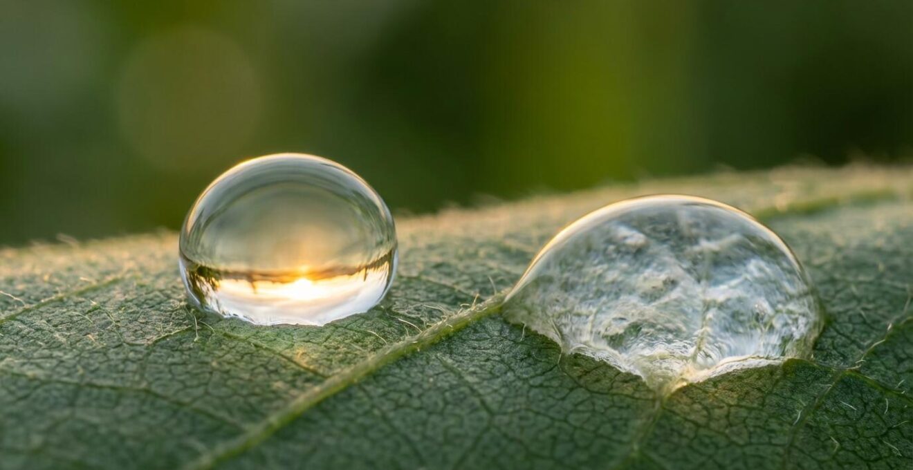 Extreme close-up of two water droplets on a leaf, one clear reflecting a sunrise and the other murky, symbolizing rational clarity versus emotional distortion in investing.