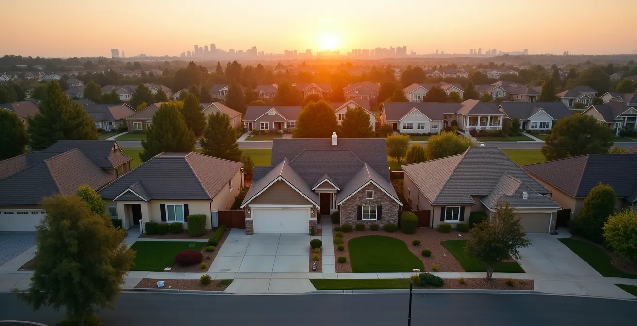 Aerial view of residential neighborhood showing property value gradients and renovation tiers
