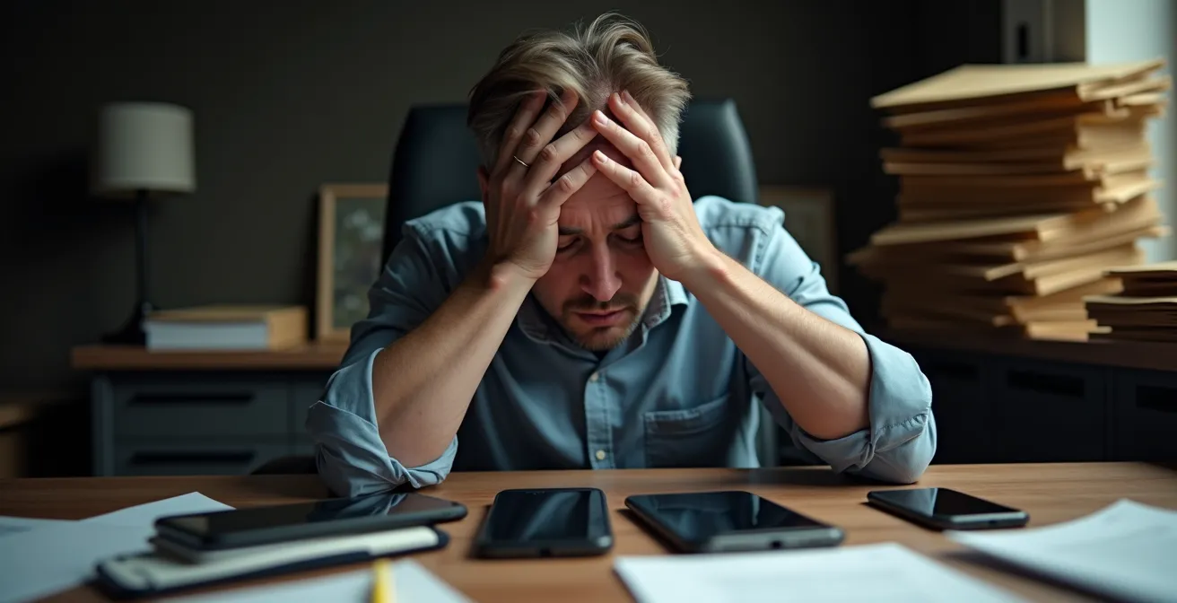 Stressed property owner juggling multiple urgent tenant communications