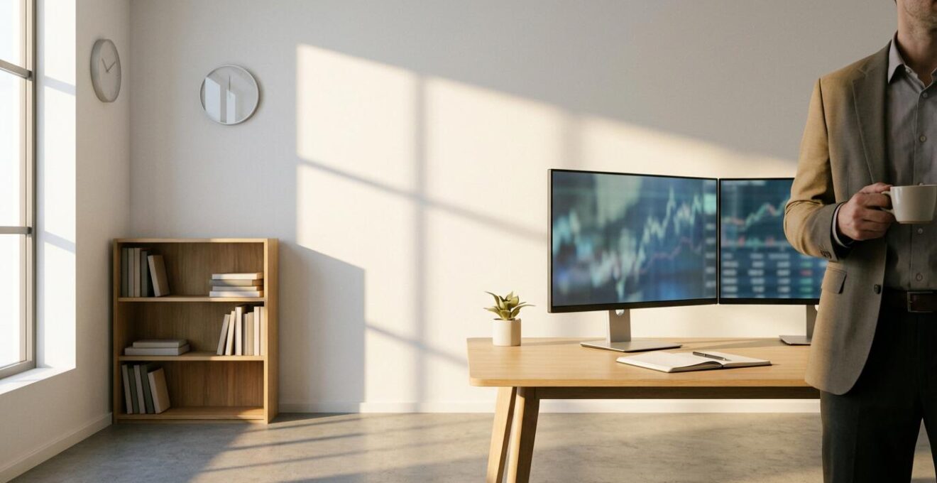Professional working from home office with dual monitor trading setup