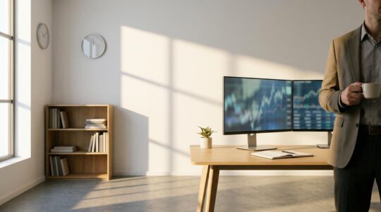 Professional working from home office with dual monitor trading setup