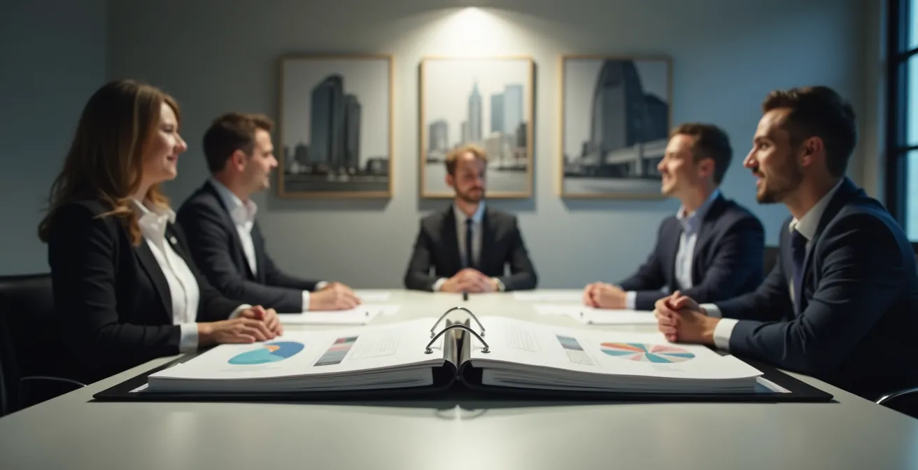 Professional property manager reviewing policies with tenant in neutral office setting