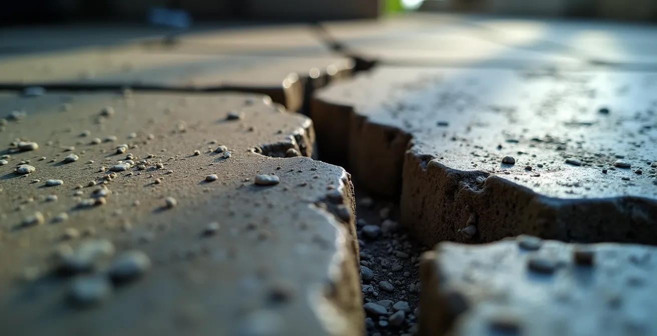Extreme close-up of foundation crack texture revealing structural issues beneath surface