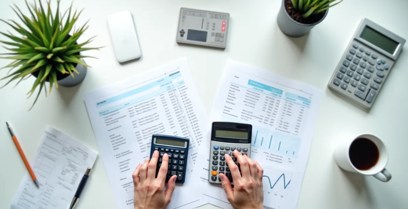 Property owner analyzing rental market data on desk with calculator and graphs