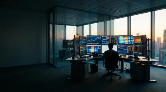 Professional trader analyzing risk management charts with multiple monitors showing volatility indicators