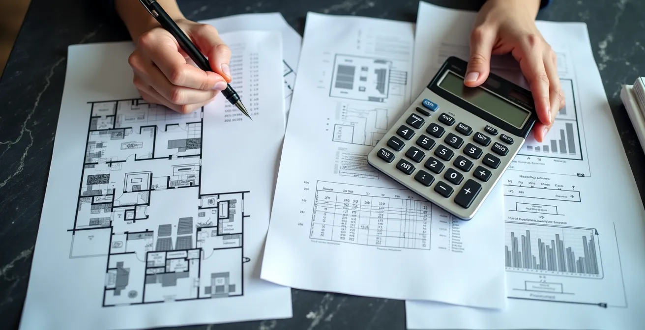 Financial documents and calculator showing SBA loan calculations with architectural blueprints in professional office setting