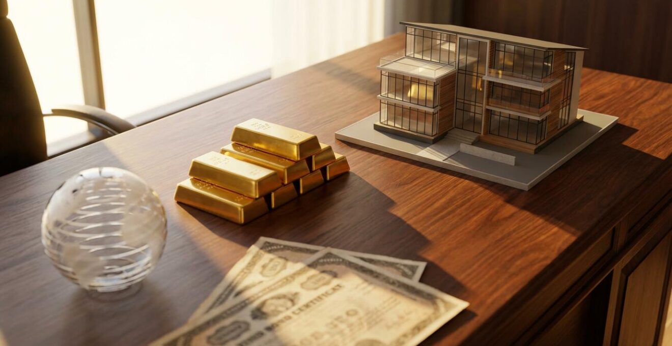 Real estate property, gold bars and portfolio documents arranged on a desk showing inflation protection strategies