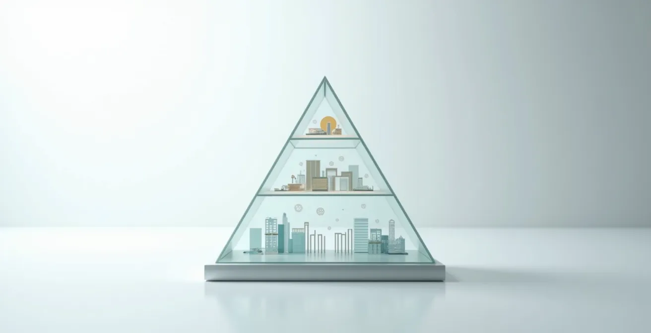 An investment pyramid showing the optimal placement of assets, with tax-efficient stocks in taxable accounts at the base and tax-inefficient assets in tax-sheltered accounts at the apex.