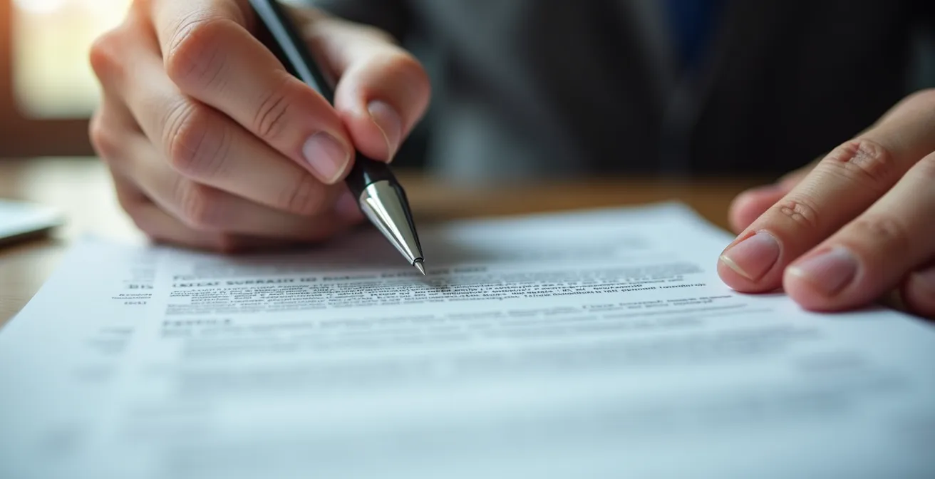 Professional property manager reviewing tenant application documents at organized desk