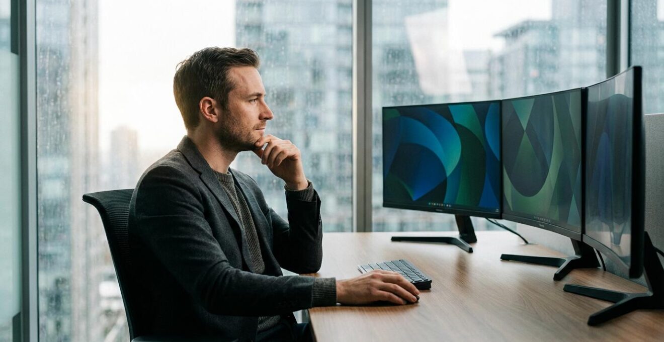 Financial analyst examining growth metrics on multiple screens in modern office