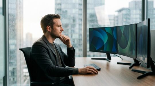 Financial analyst examining growth metrics on multiple screens in modern office