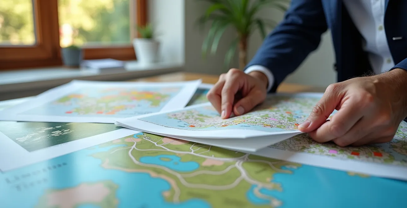 Hands analyzing zoning maps and aerial photos for RV storage site selection